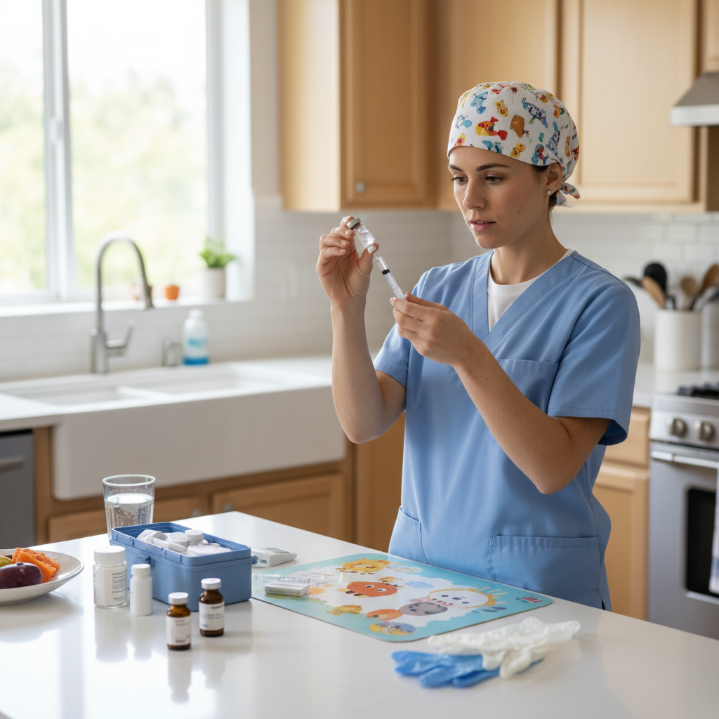 Home nurse preparing pediatric care