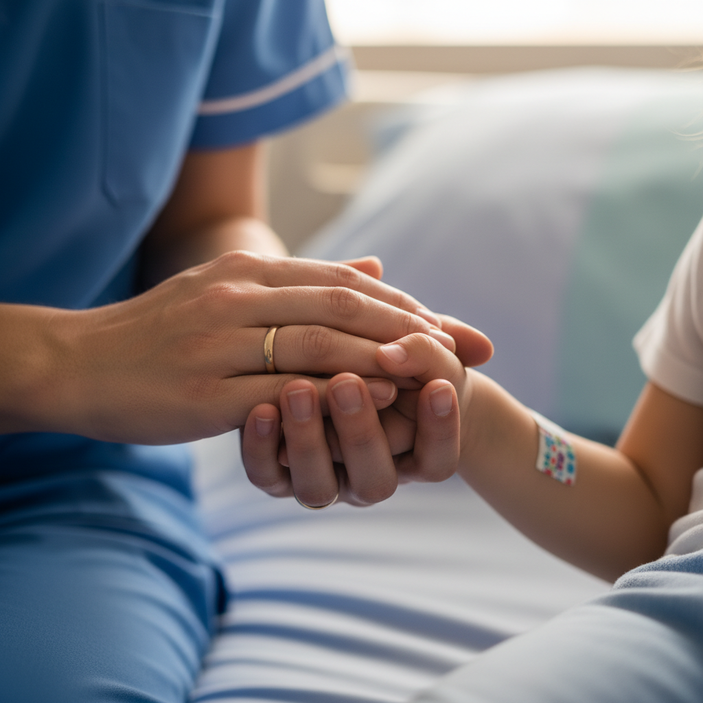 Nurse comforting pediatric patient